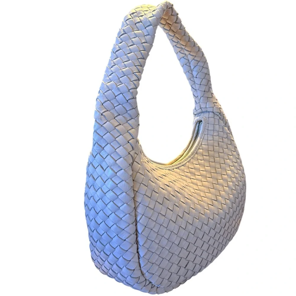 Woven Genuine Soft Braided Leather Luxury Hobo Bag Ivory Cream Shoulder Purse